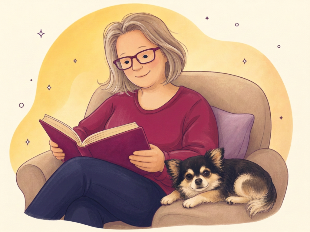 Lerntherapeutin Silke Geßlein liest entspannt auf dem Sofa, ihr Hund Lucky liegt neben ihr.