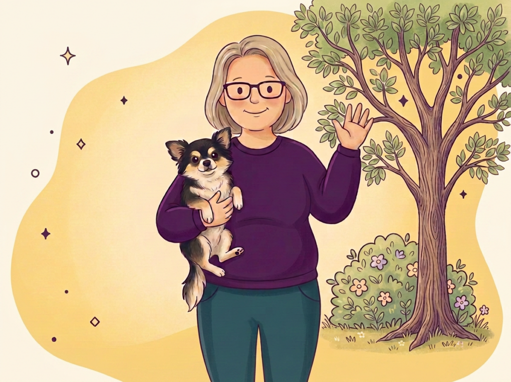 Silke Geßlein, Lerntherapeutin, Heilpraktikerin und Trauma-Therapeutin, winkt fröhlich, auf dem Arm ihr Hund Lucky.