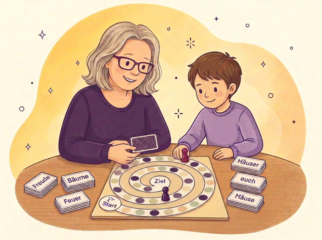 Lerntherapeutin Silke Geßlein spielt mit einem Kind lachend ein Brettspiel – spielerisches Lernen bei Lernschwierigkeiten.