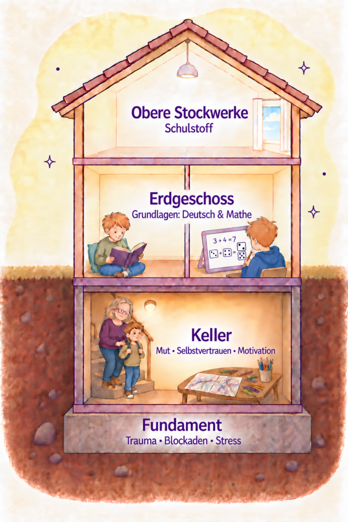 Schaubild eines Hauses mit vier Ebenen – Silkes Haus-Bild dafür, wie spielerisches Lernen bei mir aufgebaut ist.
